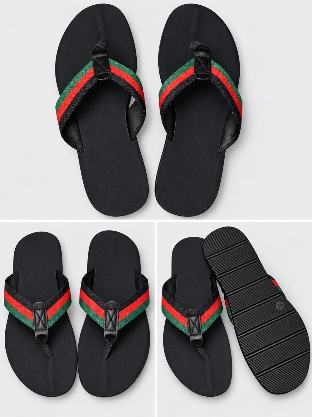 Women’s Fashion Inspired Black Flip Flops with Red & Green Logo Stripe